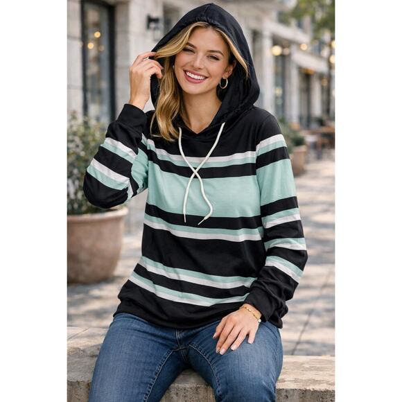 Tops - Women's Black White Green Stripes Color Block Hoodie Long Sleeve Shirt 